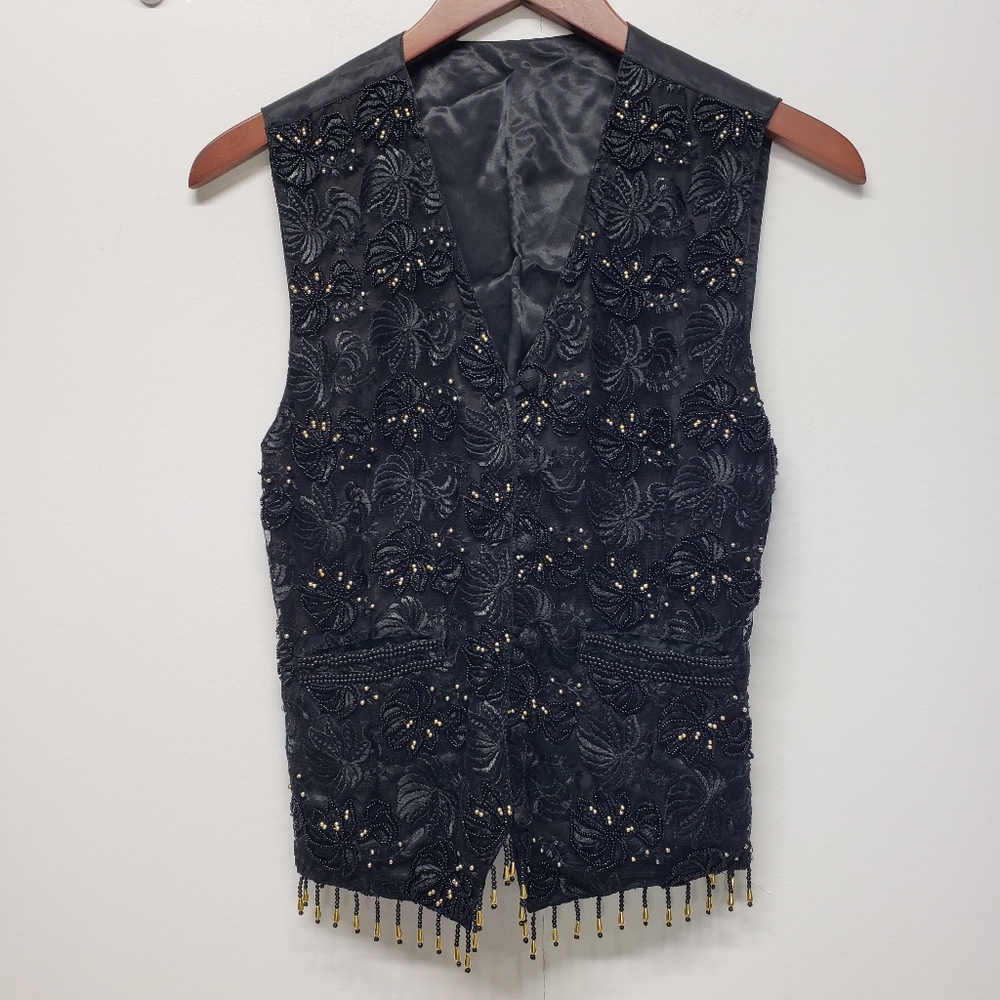Victory Beaded Sequin Vest Boho Fringe Hem Open Front Size S Black Gatsby Layer